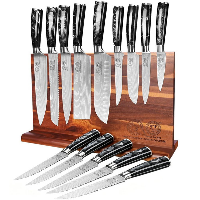XYJ Authentic Since 1986,Knife Block Set,Professional Japanese Style Chef Knives Set with Block,Scissors,Sharpener Rod,Cutting Board,Gloves,Stainless Steel Steak Paring Bread Santoku Kitchen Knives