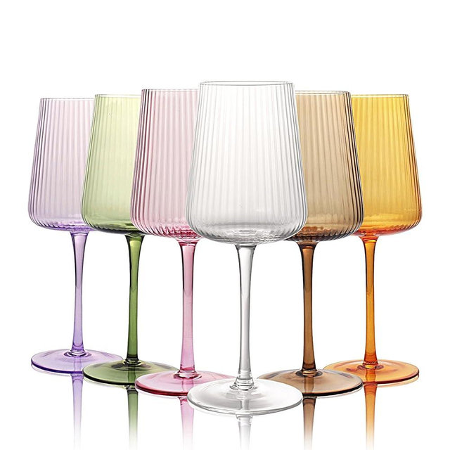 WeirdUncle Hand Blown Colored Ribbed Wine Glasses with stem, Lead-Free Crystal Glasses, Luxury Gift, Set of 6, Unique, 18oz Premium Wine Goblet, Large capacity, Fluted Design