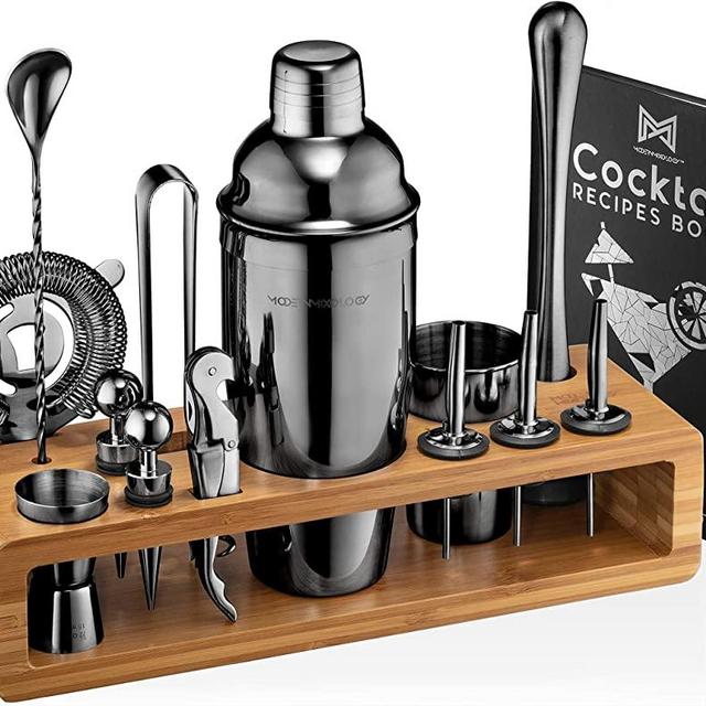 Mixology Bartender Kit: 23-Piece Bar Set Cocktail Shaker Set with Stylish Bamboo Stand | Perfect for Home Bar Tools Bartender Tool Kit and Martini Cocktail Shaker for Awesome Drink Mixing (Black)