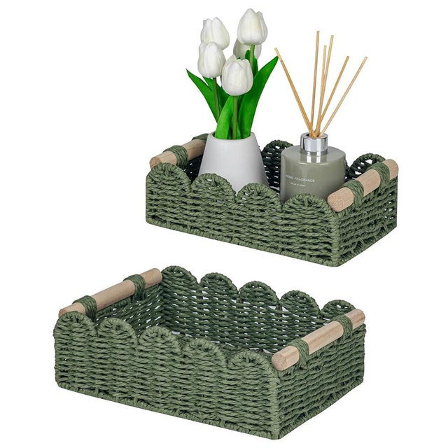 CubesLand Scalloped Edge Decor Baskets for Home, Living Room, Toilet Paper Storage Basket for Over Toilet Shelf, End Table,Shelves and More, Small Paper Rope Baskets Both Storage&Decor, Set 2 Green