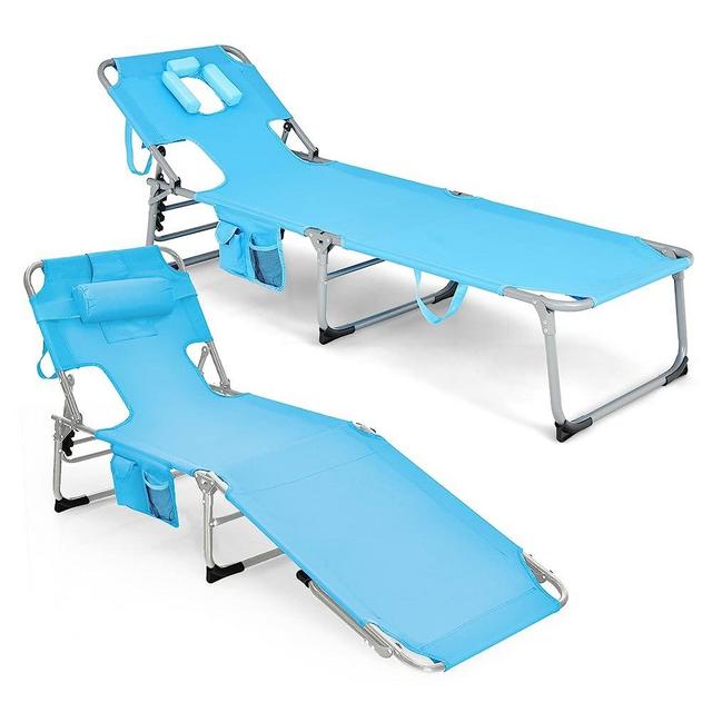 Giantex Beach Chaise Lounge Chair Set of 2, Patio Folding Lounger with Face Cavity Hole,Pillow, Arm Slots, Storage Pouch, Portable Tanning Chair for Poolside Adjustable Sunbathing Chair(Turquoise)