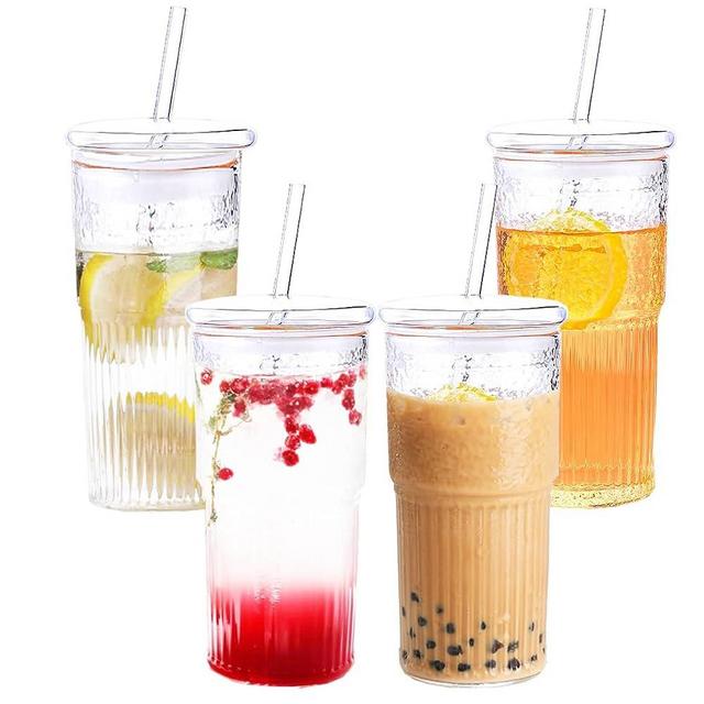 4 Packs 22 oz Glass Cups with Lids and Straws, Ribbed Glass Coffee Cups, Tumbler Water Glass, Reusable Water Bottle Wide Mouth Smoothie Cups, Thick Wall Glass Coffee Mug Iced Tea Cup Pearl Tea,Juice