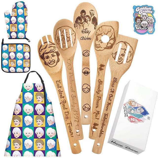 HappyDaddy Kitchen Utensils Set Idea Utensil Burned Wooden Spoons Set House Warming Wedding Present Spoon Set Kitchen Gift Set (Golden Girls)