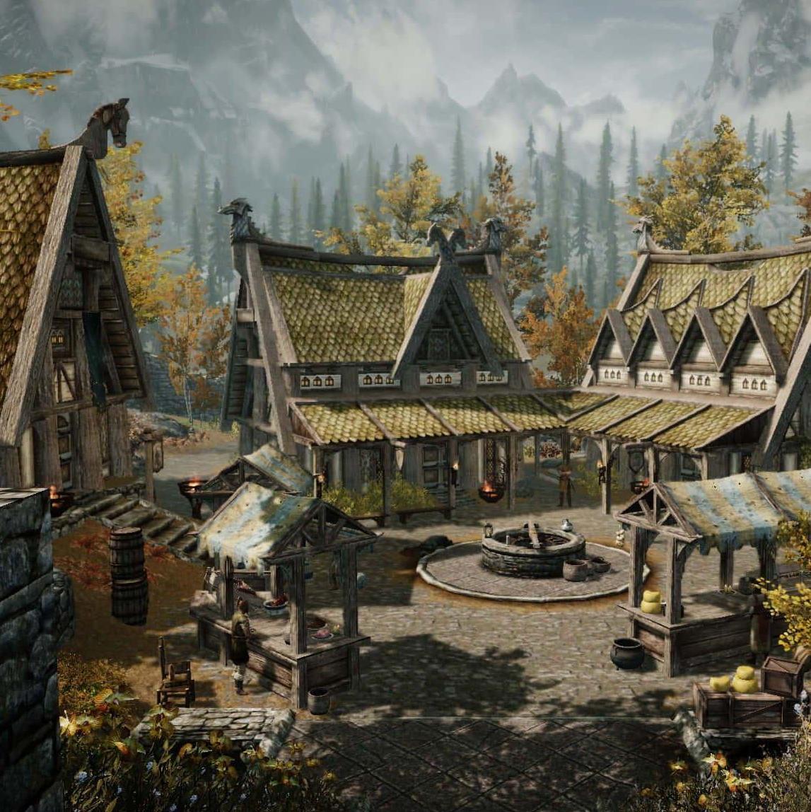 Whiterun's city center, a place Caitlyn and Alex often visit in the video game, Skyrim. Guests familiar with the game are encouraged to use its setting and music as thematic inspiration.