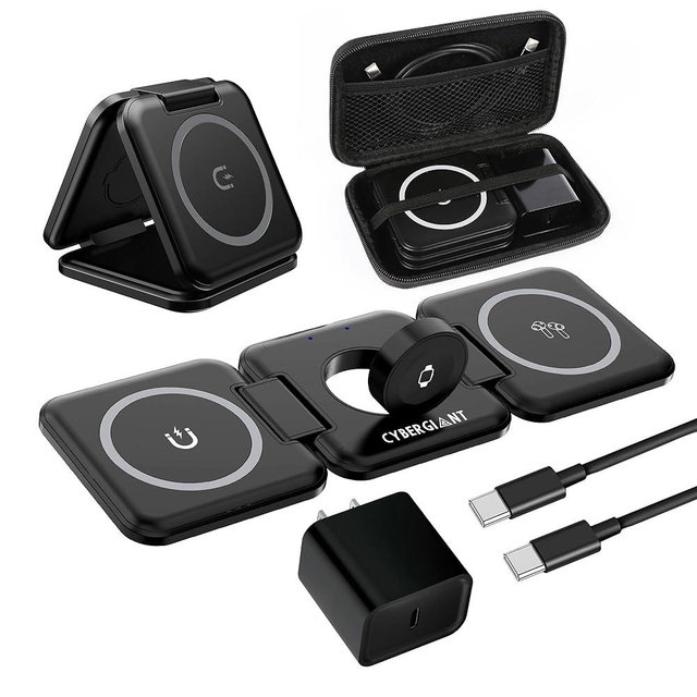 CYBERGIANT 3 in 1 Apple Charging Station for iPhone Airpods iWatch - Travel Charger for Multiple Devices, Portable Foldable Charging Station - Magnetic iPhone Charger with Adaptor&Case (Black)