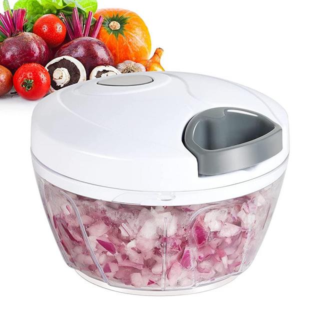 Mini Garlic Grinder Onion Chopper, Ourokhome Manual Food Processor Portable Speed Vegetable Cutter for Veggies, Ginger, Fruits, Nuts, Herbs etc, 2 Cup, White with Gray Pull Cord