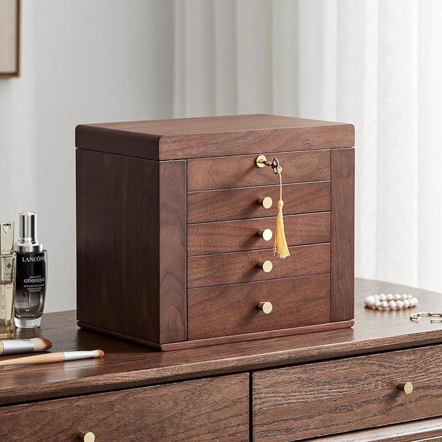 Homruilink Black Walnut Wooden Jewelry Box, 5-Layer Solid Wood Jewelry Organizer with 2 Side Doors Mirror Lockable Classical Style for Watch Necklace Ring Earring Father's Day Gift