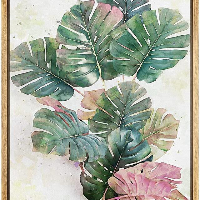 SIGNWIN Framed Canvas Wall Art Pink and Green Tropical Leaves Botanical Plants Watercolor Minimalism Modern Relax/Calm Pastel for Living Room, Bedroom, Office - 16"x24" Natural