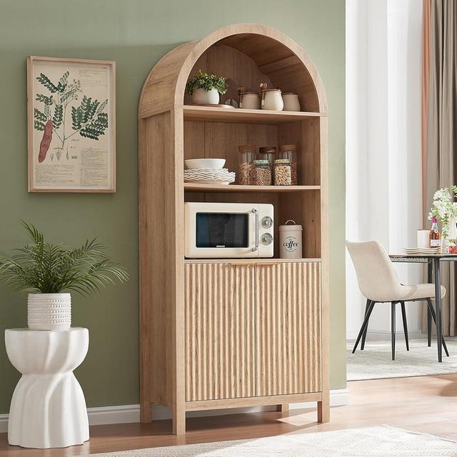WINWY Arched Cabinet Bookshelf Bookcase - 71” Tall Mid Century Arched Display Cabinets, Rounded Bookshelf with Fluted Doors, Open Shelf Storage Cabinet for Dining Room (Natural)