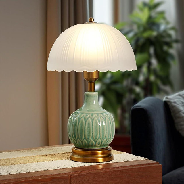 Flashine Ceramic Table lamp, Modern Bedside Lamps Green Mid Century Vintage Desk Lamp Retro Glass Mushroom Traditional Lamp for Nightstand Living Room Bedroom Home Decor (S03GN-1PACK)