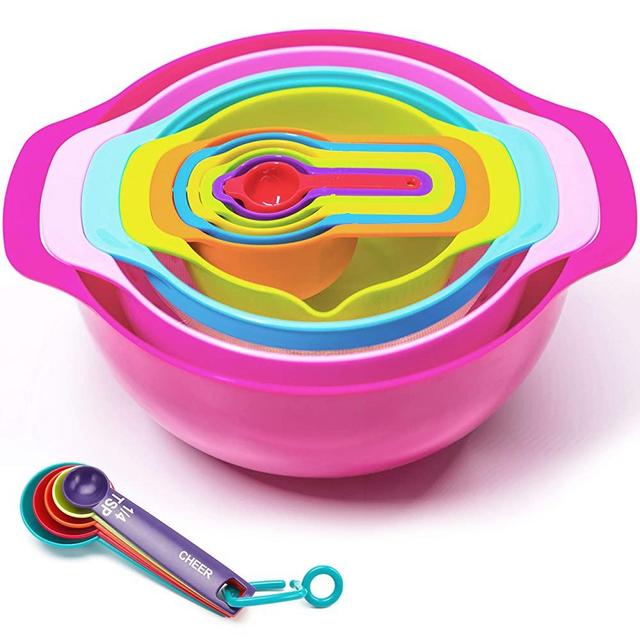 Cheer Collection 15 Piece Nested Bowl Set with Mixing Bowls, Colander, Sifter and Measuring Spoons, BPA-Free Bright Colorful Plastic Space-Saving Food Prep