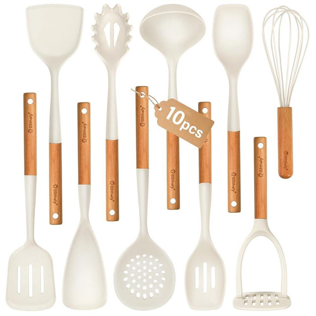 Large Silicone Cooking Utensils Set, 10Pcs Nonstick Kitchen Utensil Set with Wooden Handle, Heat Resistant Silicone Utensils for Cooking, BPA Free Spatula Set with Turners Spoon Ladle Skimmer(White)