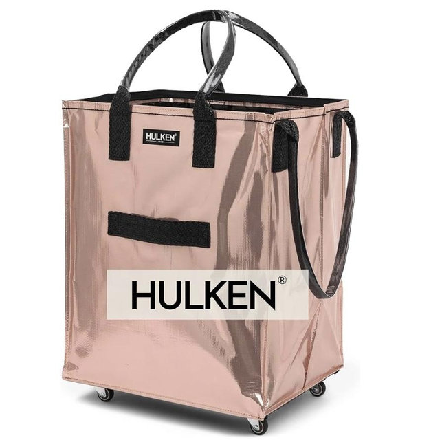(Large, Rose Gold) Reusable Grocery Bag On Wheels, Shopping Trolley, Rolling Tote, Zipper Closure, Lightweight, Carries Up to 66 lb, Folds Flat, Unbreakable Handles