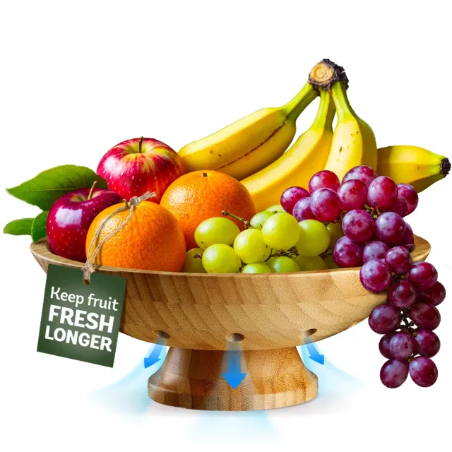 Bamboo Footed Fruit Bowl - Wooden Pedestal Bowl for Kitchen Counter or Dining Table