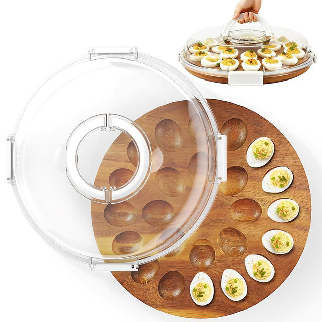 Renmxj Deviled Egg Containers with Lid, 2026 Upgraded Wooden Deviled Egg Tray Platter with 24 Slots for Party and Home Kitchen, The Lid is Dishwasher Safe (White)