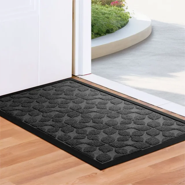 G128 Front Doormat Grey Geometric Floral Pattern, 17"x29.5", Non-Slip Rubber Backing Low Profile Welcome Entryway Mat