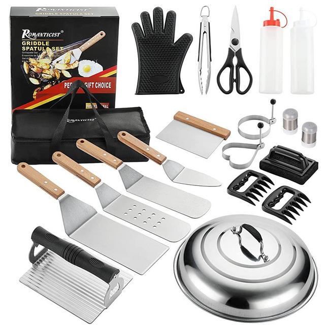 ROMANTICIST 20PC Professional Grade Griddle Accessories Kit - Flat Top Grill Tools Set for Breakfast, Outdoor Grilling, Teppanyaki - Heavy Duty Griddle Spatula Scraper Burger Press - Ideal Grill Set