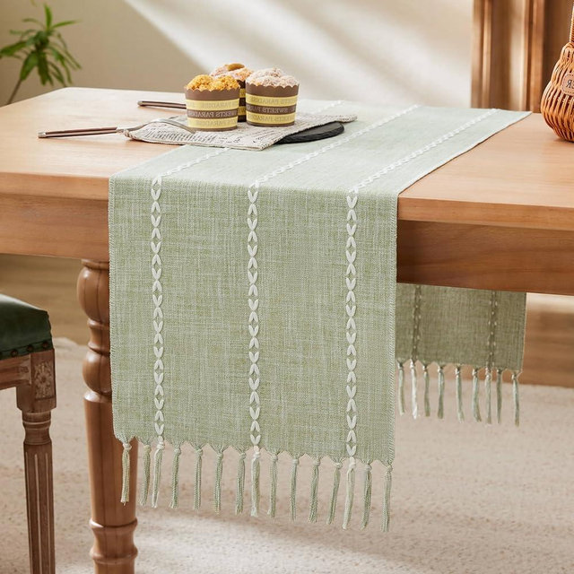 YZJZEDS Braided Farmhouse Table Runner,Braided Sage Green 13x72Inch, Cotton Linen Table Runners 72 Inches Long, Embroidered Striped Sage Green Boho Table Runner Rustic Home Decor