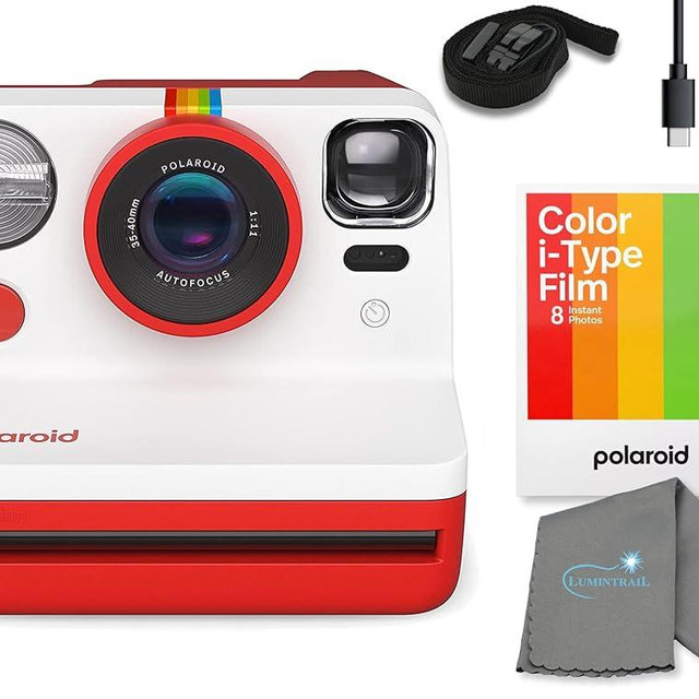 Polaroid Gen 2 Now I-Type Instant Film Camera - Red Bundle with a Color i-Type Film Pack (8 Instant Photos) and a Lumintrail Cleaning Cloth