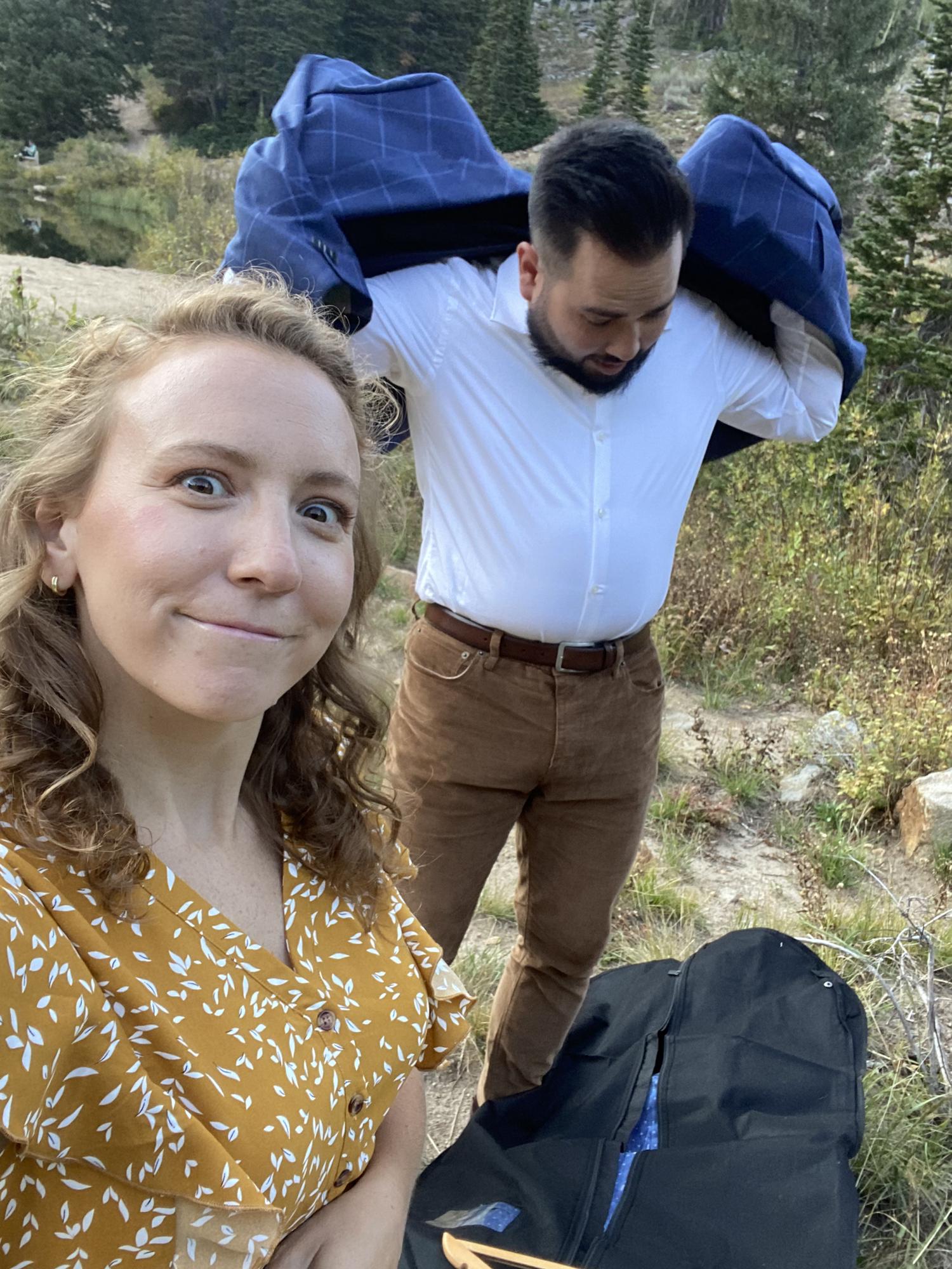 Mid forest costume change! Rachel and Tom and SO MUCH FUN taking their engagement photos at Bloods Lake