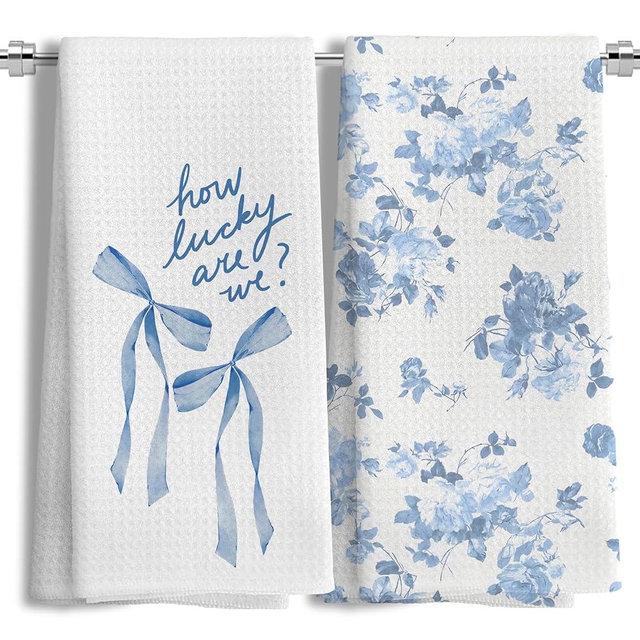 LUKIPOM Chinoiserie Coquette Bow Floral Kitchen Towels Set of 2, Blue and White Porcelain Peony Decor Dish Tea Towels for Kitchen, Grandmillennial Floral Hand Towels for Bathroom Decor, 16x24 Inches
