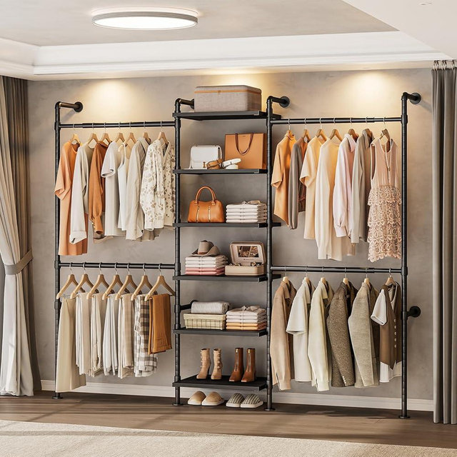 T1 Wall Mounted Closet System, Industrial Pipe Clothing Rack with 6 Wooden Shelves & 4 Telescopic Rods, Heavy Duty Closet Organizers and Storage in Wardrobe Closet (Black)