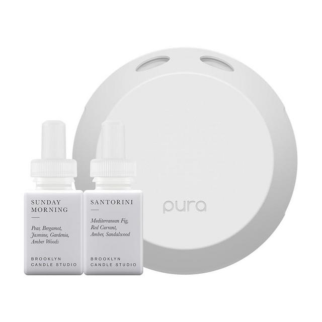 Pura Smart Home Fragrance Device Starter Set - Pura 4 - Scent Diffuser for Home - Includes Fragrance Aroma Diffuser - Square Box, Sunday Morning and Santorini Scent Refills