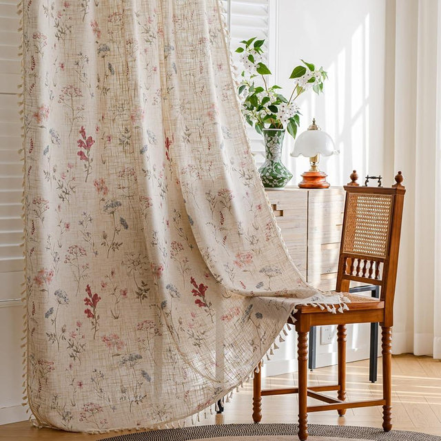 RoomTalks 72 Inches Boho Floral Curtains for Bedroom Dining Living Room Nursery Light Filtering, Country Modern Farmhouse Vintage Linen Window Curtain Panels Cute Aesthetic Bohemian Tassel Draperies