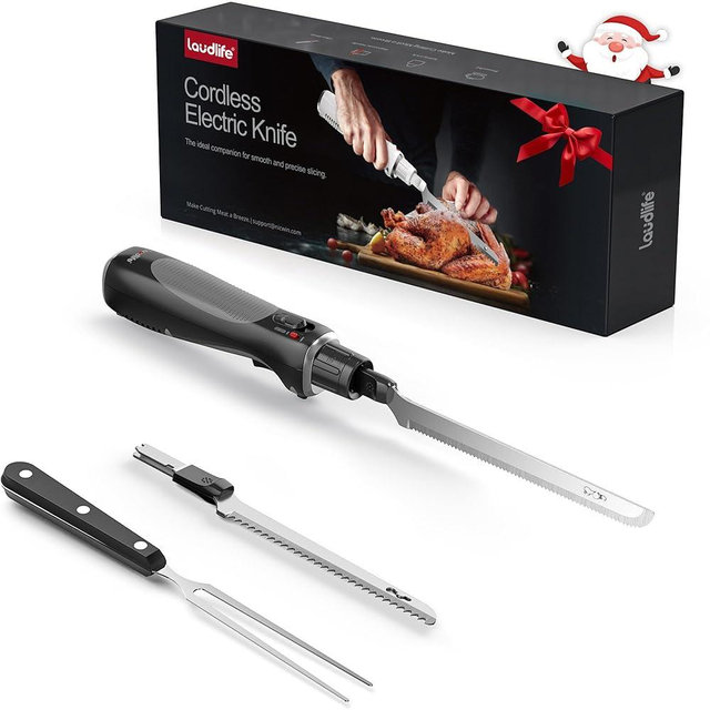New Upgrade Cordless Electric Knife with Serrated Blade, Ergonomic & Safe Design with Comfortable Contoured Grip, USB-C Rechargeable, 70+ Min Runtime, Ideal for Turkey, Meat, Bread & Vegetables, Black