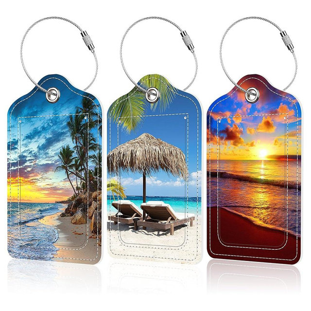 EOBKLAX 3 Pack Palm Beach Luggage Tags for Suitcases,Sunset on The Beach Leather Baggage Suitcases Tag Name ID Label Privacy Cover Travel Bag Tags for Women Men Boys Girls
