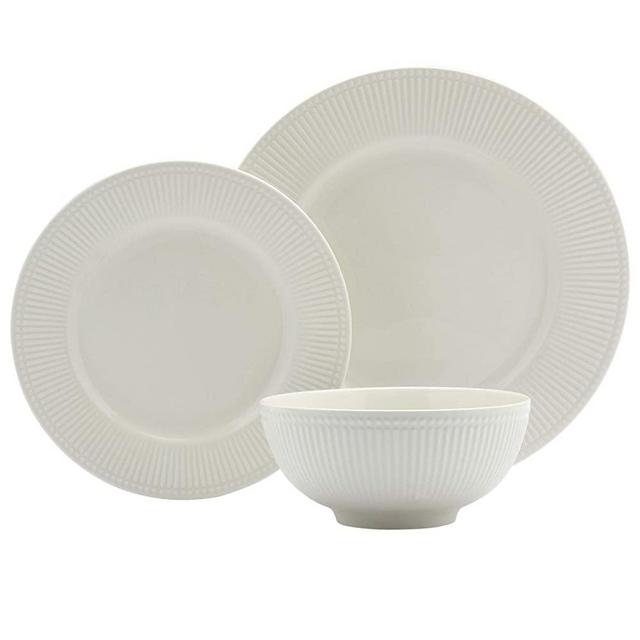 Tabletops Gallery Embossed Bone White Porcelain Round Dinnerware Collection- Chip Resistant Scratch Resistant, Fluer 12 Piece Dinnerware Set (Dinner Plate, Salad Plate, Cereal Bowl)