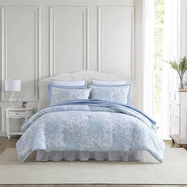 Laura Ashley- King Comforter Set, Cotton Reversible Bedding Set with Matching Sham(s), Farmhouse Home Décor (Bedford Blue, King)