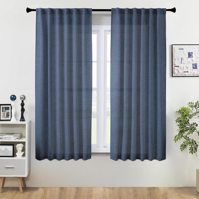 MEETBILY Linen Navy Blue Curtains 63 Inch Length for Bedroom 2 Panels Rod Pocket Semi Sheer Linen Light Filtering Navy Curtain for Living Room Farmhouse Back Tab Window Treatment