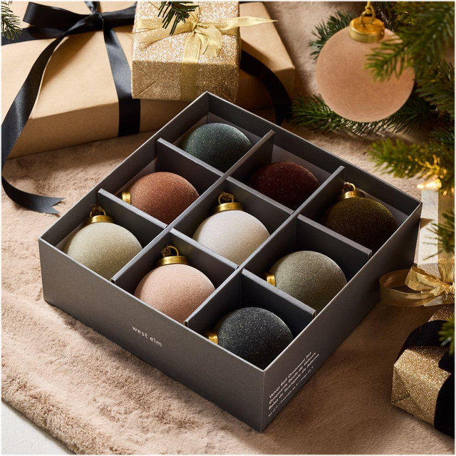 Flocked Ball Ornament Set, Set of 9