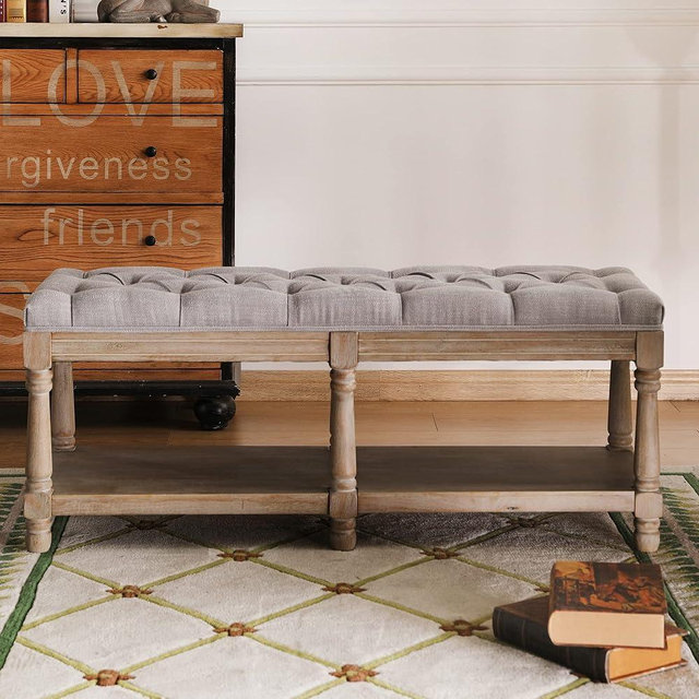 Janoray Farmhouse Storage Bench Wooden Entryway Upholstered Tufted Ottoman Bench for Bedroom End of Bed Hallway Organizer, Grey, 45 Inches