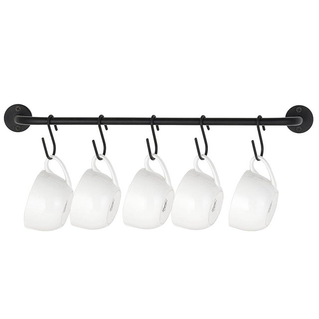 Mkono Mug Holder Wall Mounted Coffee Cup Rack Hanger Modern Metal with 5 Mug Hooks Rustic Utensil Tea Cups Storage Organizer for Kitchen Dining Room Coffee Bar,Black