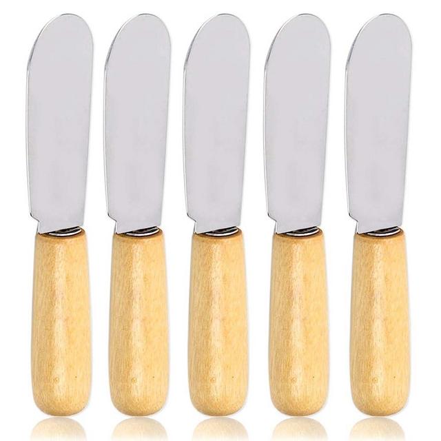 ACKLLR 5 Pack Stainless Steel Straight Edge Wide Butter Spreader with Wood Handle Deluxe Sandwich Cream Cheese Condiment Spreader Set Kitchen Tools, 4 Inches
