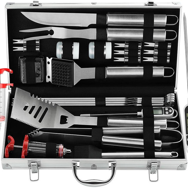 Grilljoy 24PCS BBQ Grill Tools Set with Meat Thermometer and Injector - Extra Thick Stainless Steel Fork, Spatula& Tongs - Complete BBQ Accessories in Aluminum Case - Perfect Grill Gifts for Men