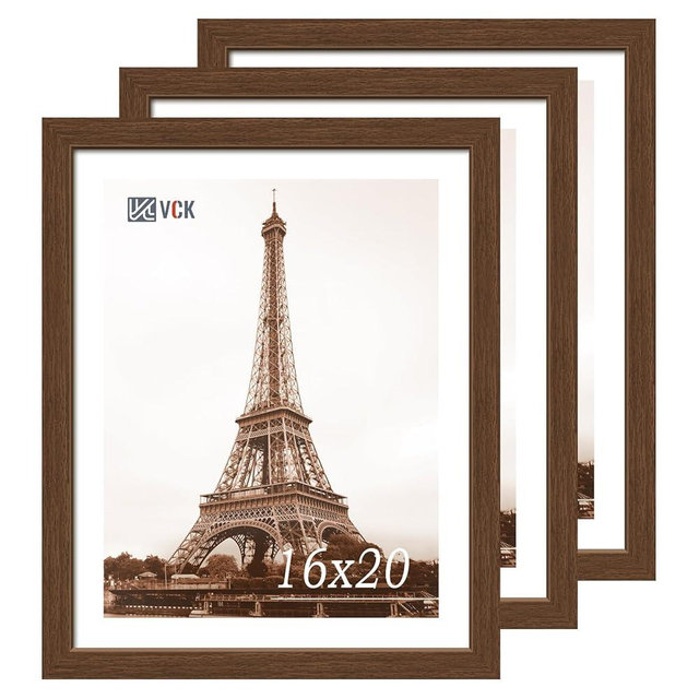 VCK 16x20 Picture Frames for Wall 3 Pack, Brown Wood Poster Frame with Exclusive Wood Grain, Wall Mounting Hanging