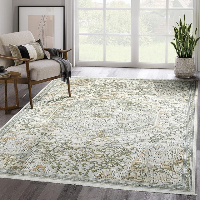 Abani Savoy Collection Area Rug - Beige/Green Vintage Design - 7'9" x 10'2" - Easy to Clean - Durable for Kids and Pets - Non-Shedding - Medium Pile - Soft Feel - for Living Room, Bedroom & Office
