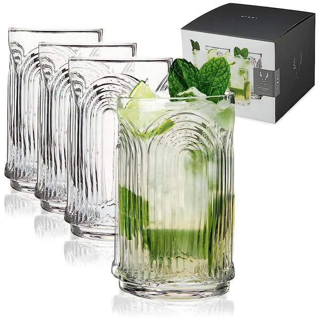 Viski Beau Highball Vintage Drinking Glasses for Cocktails or Water-Art Deco Glassware Arch Design-Set of 4, Clear