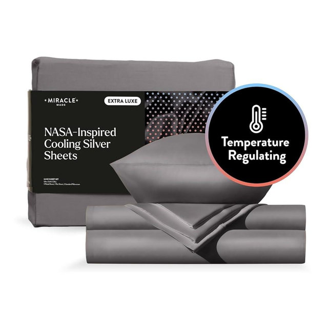 Miracle Made® Newly Improved Extra Luxe Cool IT™ True Grip ® Fitted Bed Sheets –Stone,Queen– 4 Piece Silver Infused, 300-Thread-Count Fabric