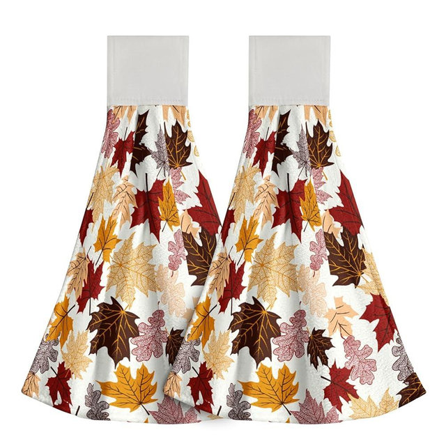 Giwawa 2PCs Maple Leaf Hanging Kitchen Towel Fall Autumn Orange Red Leaves Hand Towel with Loop Hook Thanksgiving Decorative Absorbent Dish Wipe Towel Washcloth Bathroom Laundry Room Gym