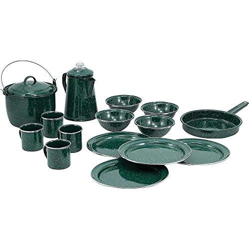 GSI Outdoors Pioneer Enamelware Camp Set with All Your Camping Needs for Four with Pot, Pan, Table Setting and Percolator in Durable and Classic Design