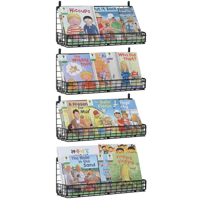 Wall Mounted Metal Kids Bookshelf, Floating Book Shelves for Kids Nursery Toddler Classroom, Hanging Book Shelf Organizer for Room Decor, Black, Set of 4