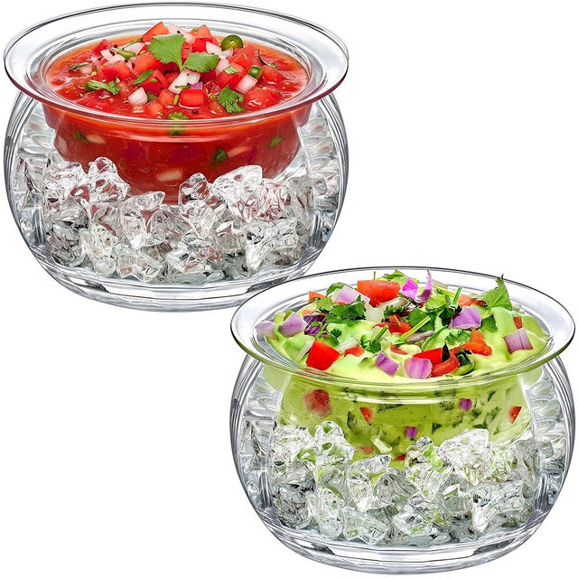 Amazing Abby - Ice Bed - Acrylic Chilled Dip Server Bowl with Ice Chamber (2-Pack), Clear Plastic Iced Serving Bowl, Keeping Dips and Condiments Cold and Fresh for Party, Picnic, Outdoor Dining
