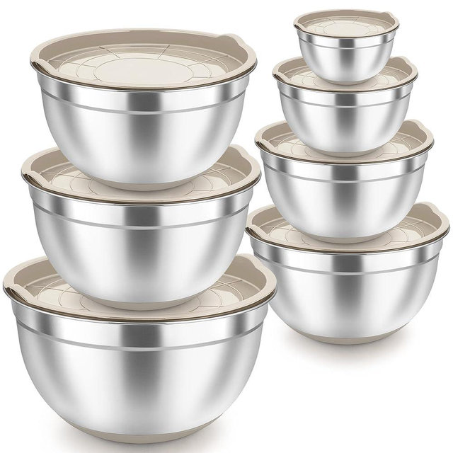 TeamFar Mixing Bowls with Lids, 7-Piece Stainless Steel Nesting Salad Bowls for Baking Prepping, Size 0.7, 1, 1.5, 2, 2.6, 3.5, 4.6 QT, Nonslip Bottoms & Airtight Lid-Khaki
