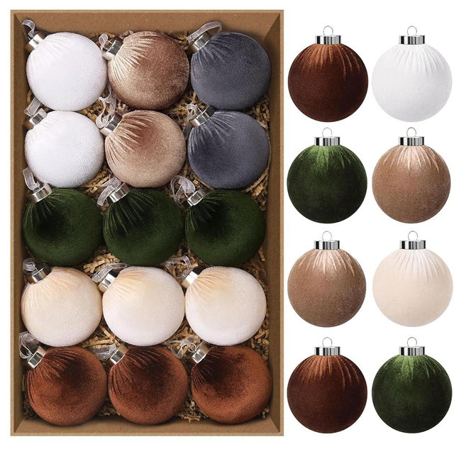 Teeanzo 12 PCS Christmas Velvet Balls Ornaments 3.14In Shatterproof Green Brown Tree Hanging Plastic Ball Set Xmas Bulk Flocked Ornaments for Christmas Tree Home Party Wreath Decorations