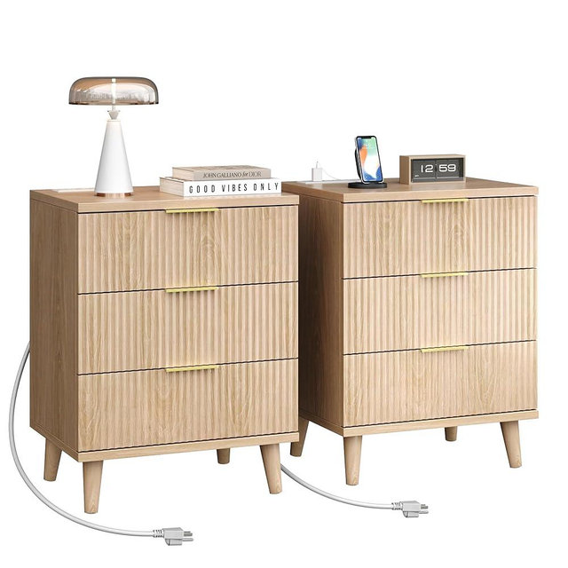 Fluted nightstands Set of 2, 20 inch Modern Nightstand with Charging Station Wood Bedside End Table with 3 Large Storage Drawers, Tall Side Table for Bedroom Sofa Office Oak Natural