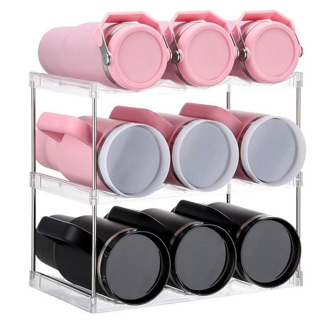 AIZOE Higher Compartment - Stackable Water Bottle Organizer for Cabinet, 3 Tier Hold 9, Clear Plastic Tumbler Organizer for Kitchen Cabinets, Pantry, Fridge, High Enough for 40oz Tumbler with Handle